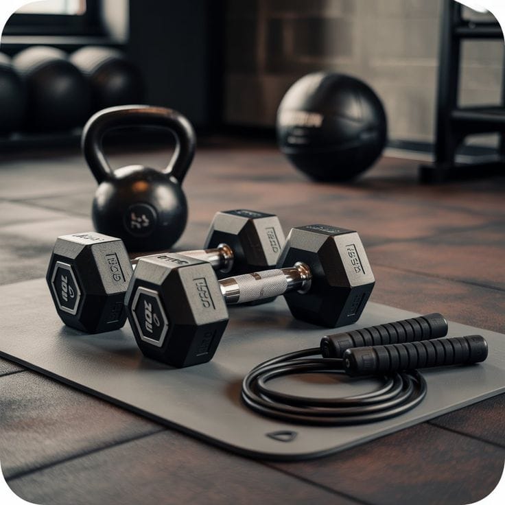 Hex dumbbells, a kettlebell, a medicine ball and a coiled jump rope laid out on a gym mat in a dim gym