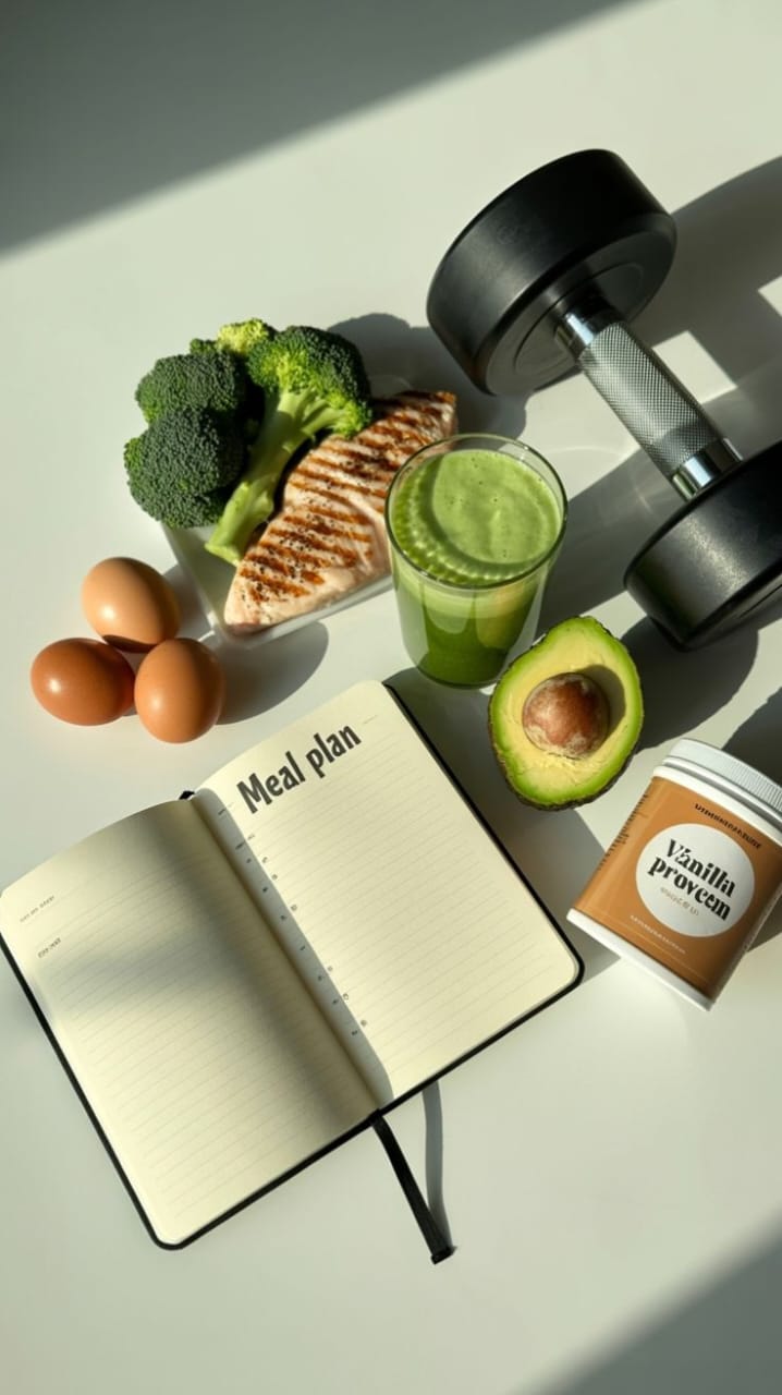 A meal-plan notebook beside grilled chicken and broccoli, eggs, a green smoothie, half an avocado, a dumbbell and vanilla protein