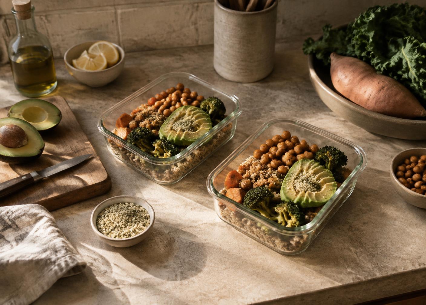 Prepared whole-food meals on a warm stone counter